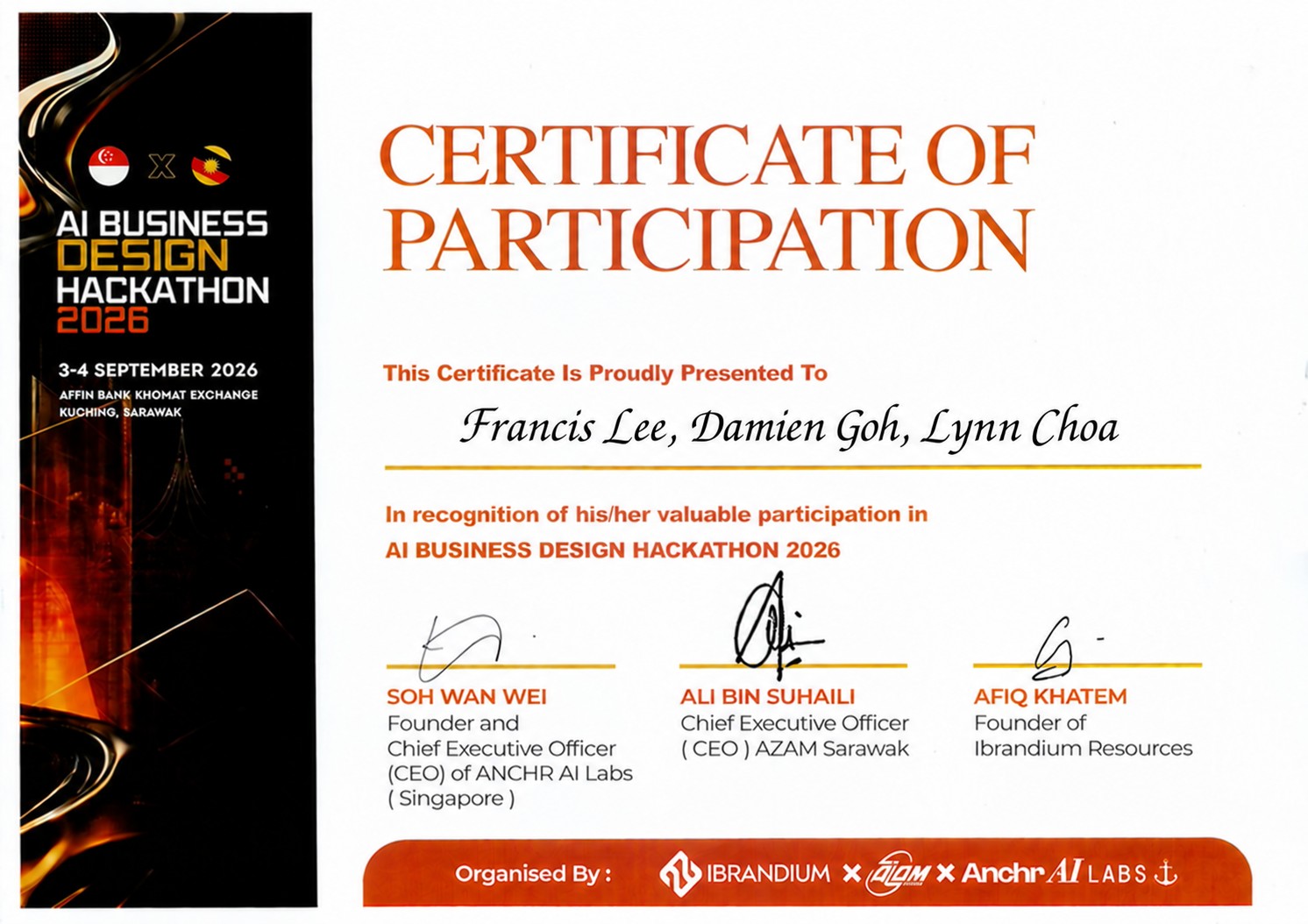 Certificate of participation for Francis Lee, Damien Goh and Lynn Choa
